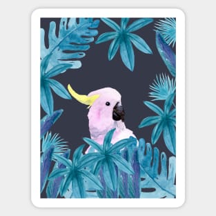 Cockatoo with tropical leaves in watercolor and an indigo background Sticker